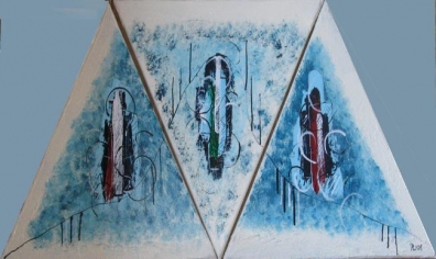 Miteinander verbunden - Tryptichon, 3 Bilder à 30 x 30 x 30 cm, Acryl und Mischtechnik auf Leinwand 